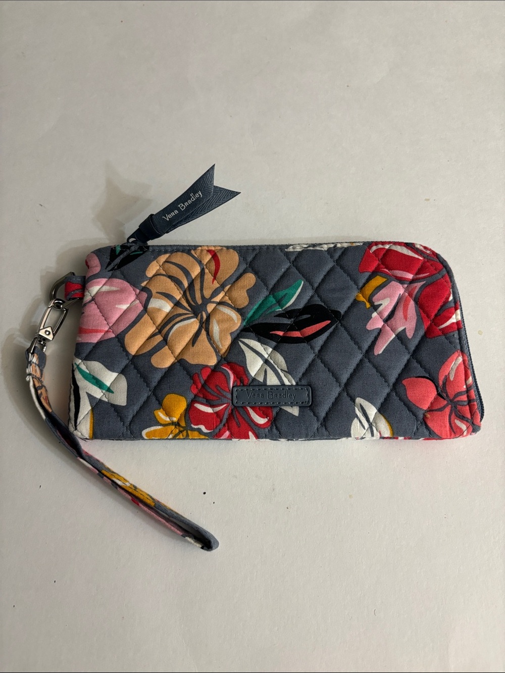 Vera Bradley Wristlet Floral Motif Grey Clear Back Pocket